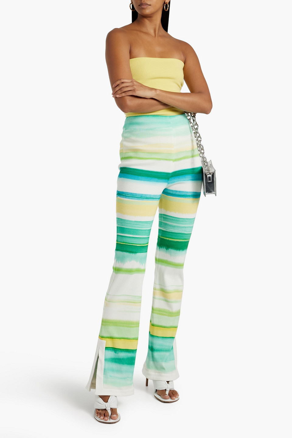 Shop Rowen Rose Striped Ribbed Cotton Flared Pants In Green