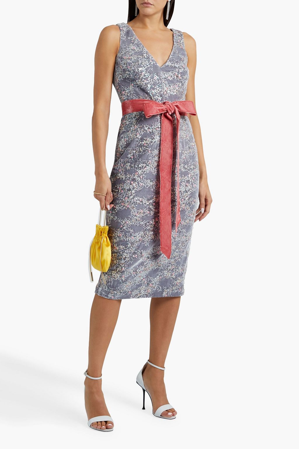 BADGLEY MISCHKA Belted sequin-embellished velvet dress