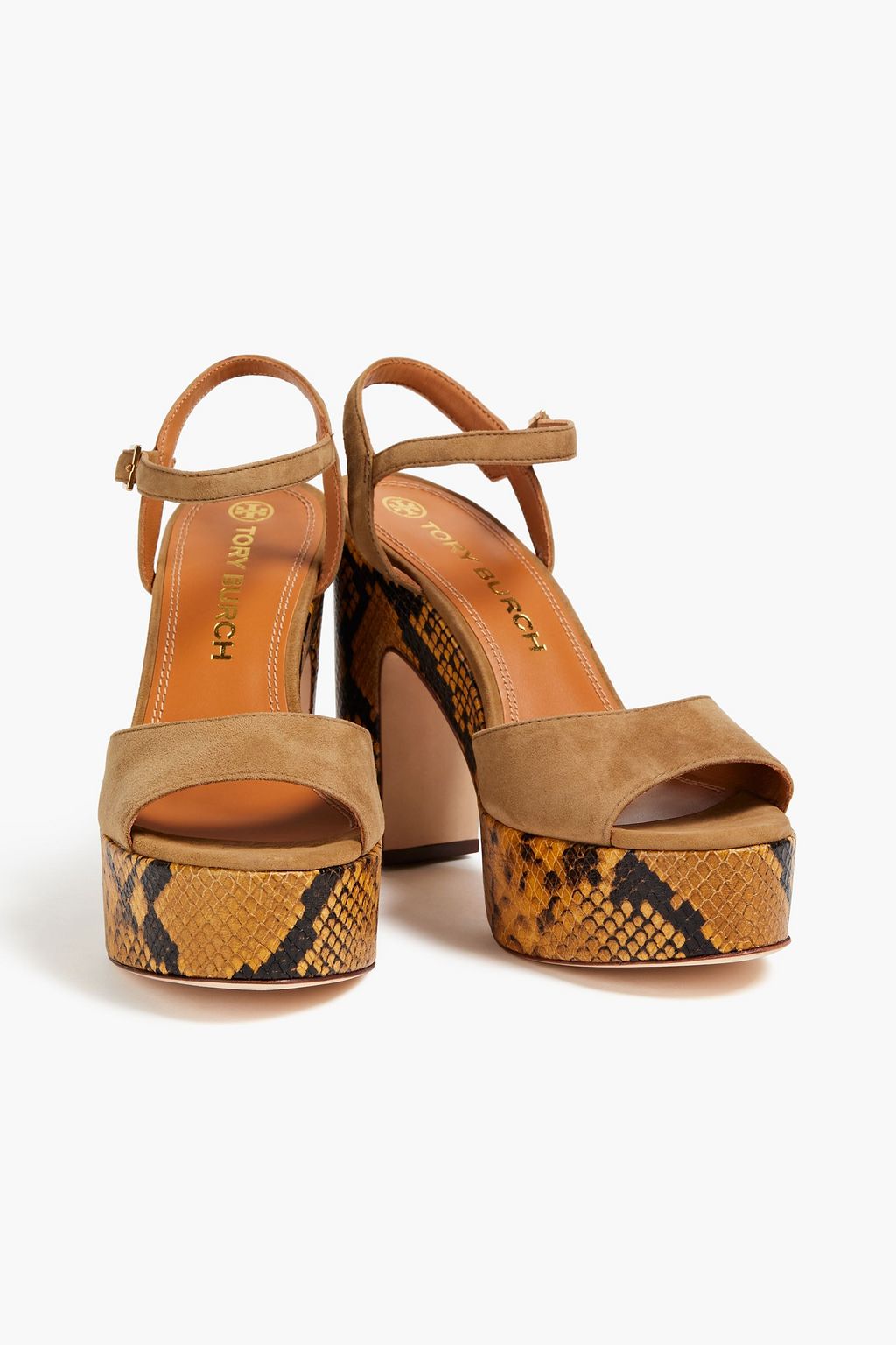 TORY BURCH Snake-effect leather and suede platform sandals