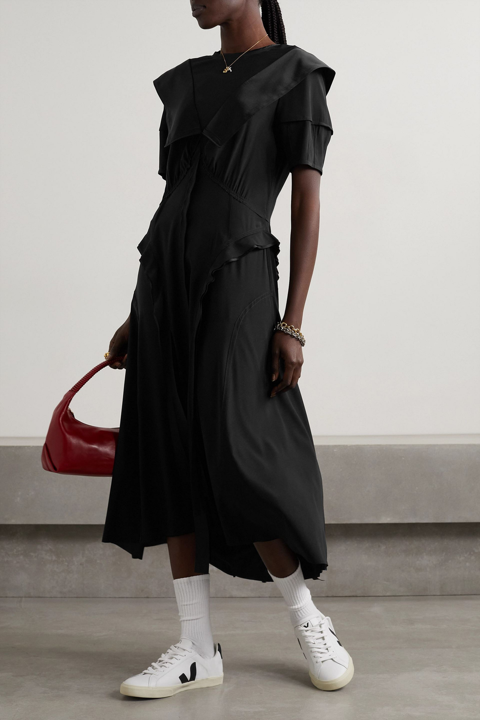 Commission Assembly asymmetric ruffled gathered stretch-silk midi dress