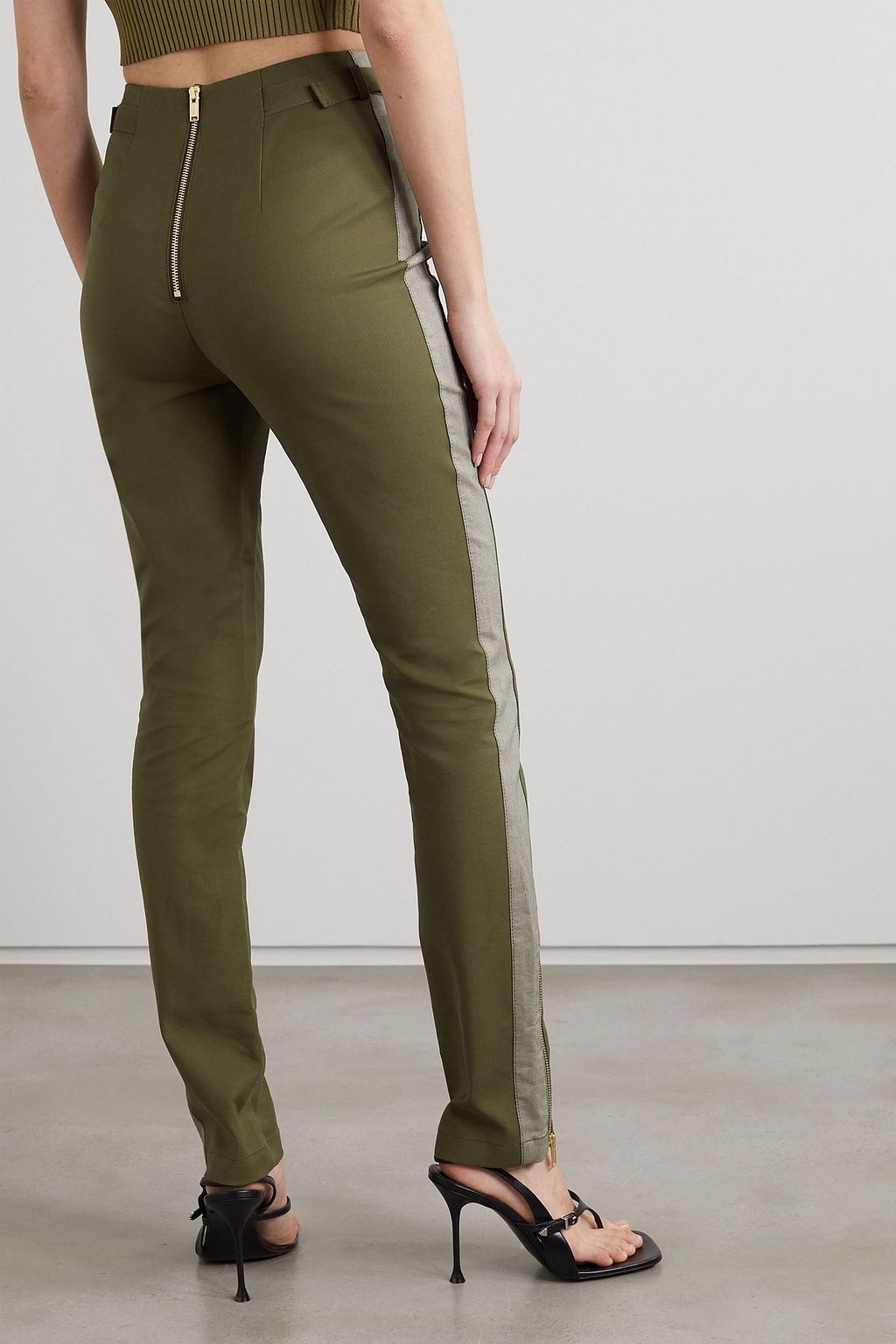 DION LEE Lace-up two-tone cotton-blend slim-leg pants