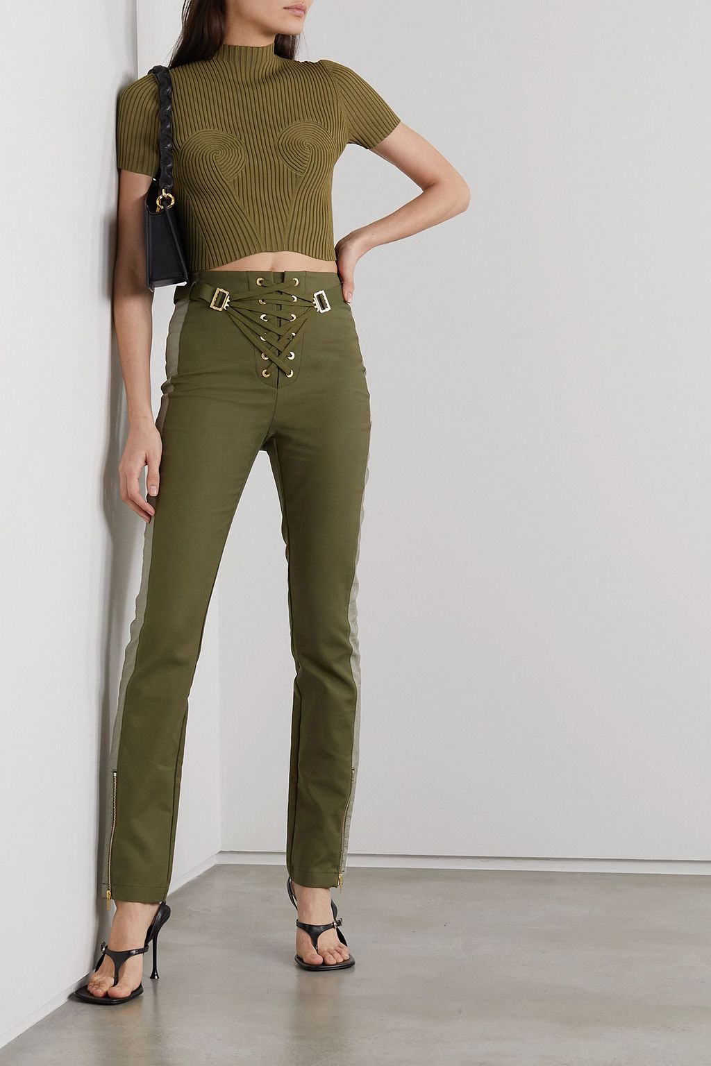 DION LEE Lace-up two-tone cotton-blend slim-leg pants