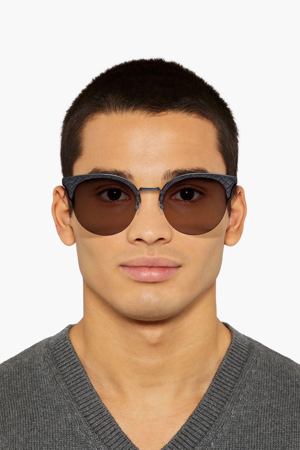 BOTTEGA VENETA D-frame leather-trimmed gunmetal-tone sunglasses