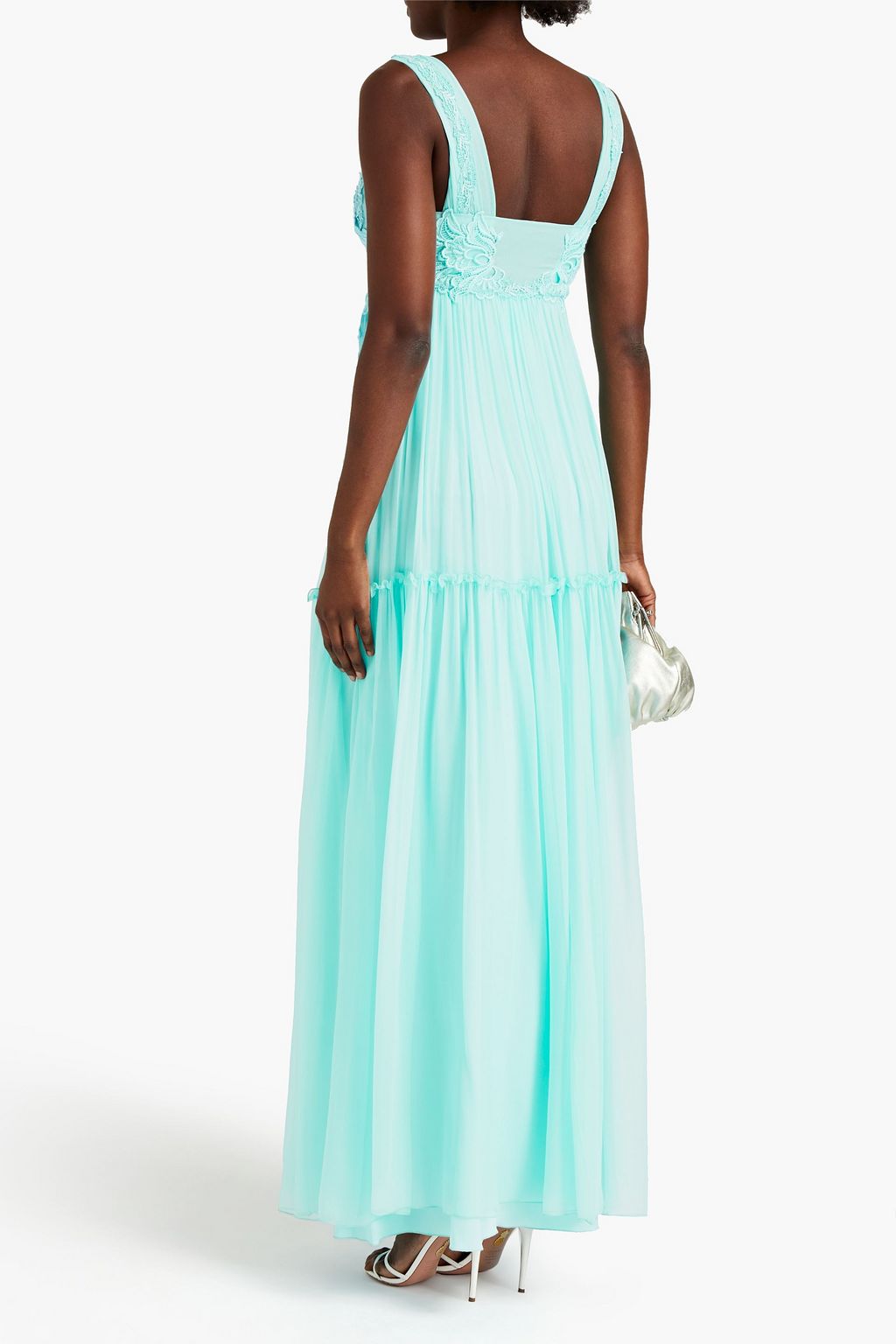 ALBERTA FERRETTI Lace-trimmed gathered silk-chiffon maxi dress