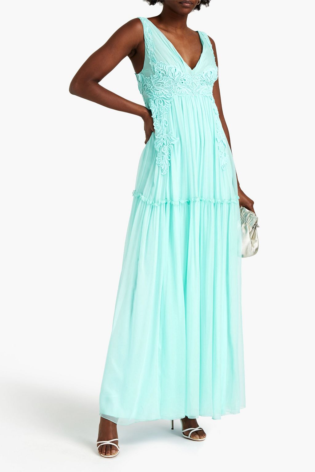 ALBERTA FERRETTI Lace-trimmed gathered silk-chiffon maxi dress