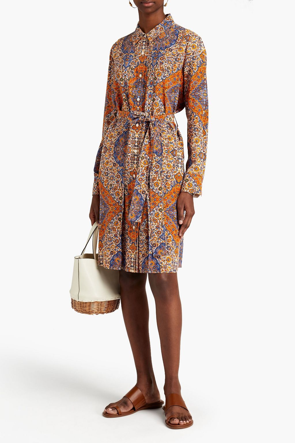 TORY BURCH Belted pleated printed silk crepe de chine shirt dress
