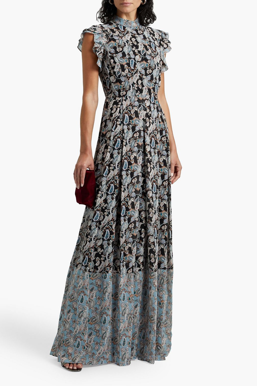 MIKAEL AGHAL Pleated ruffle-trimmed printed chiffon maxi dress