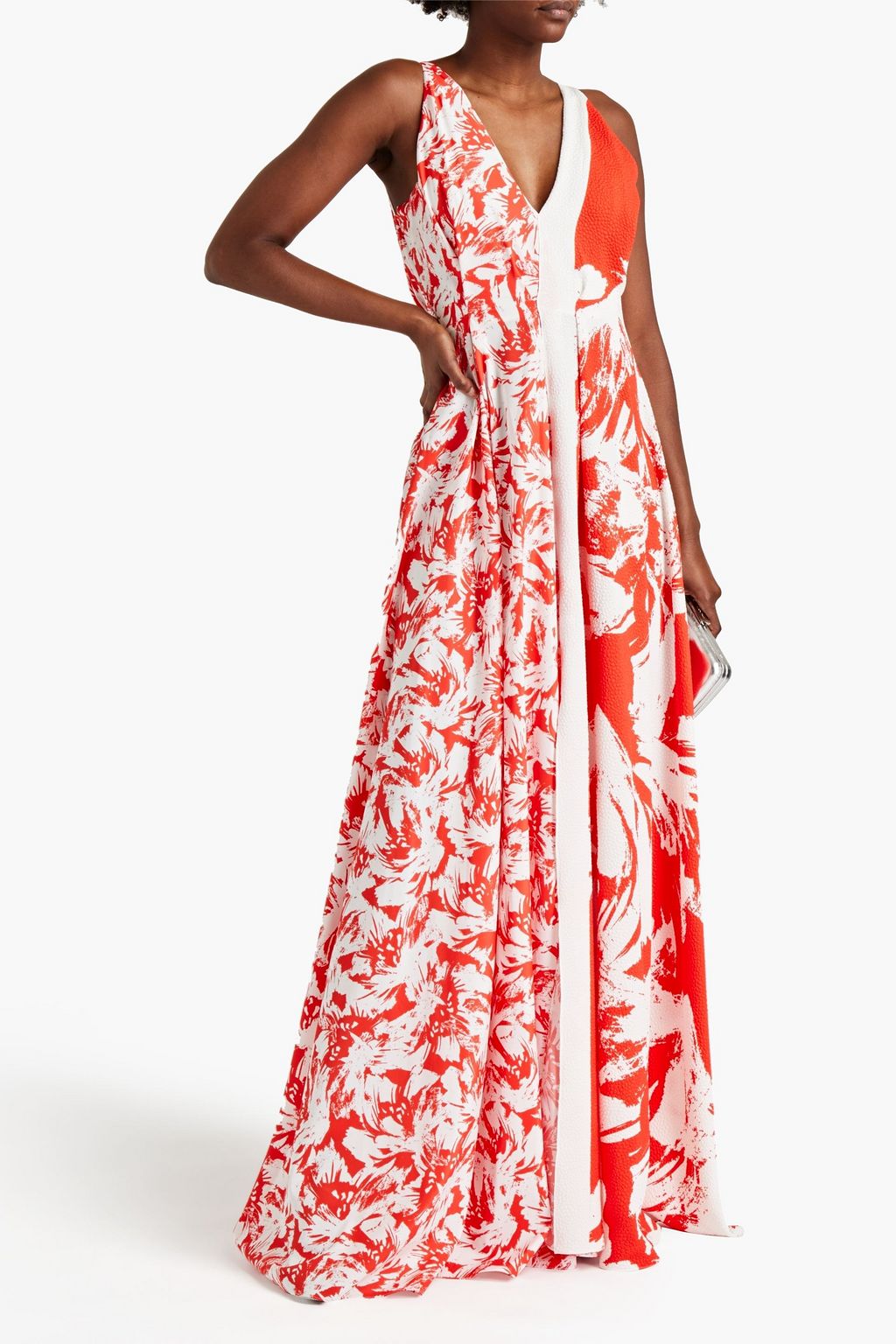 ROLAND MOURET Paneled printed taffeta and cloqué gown