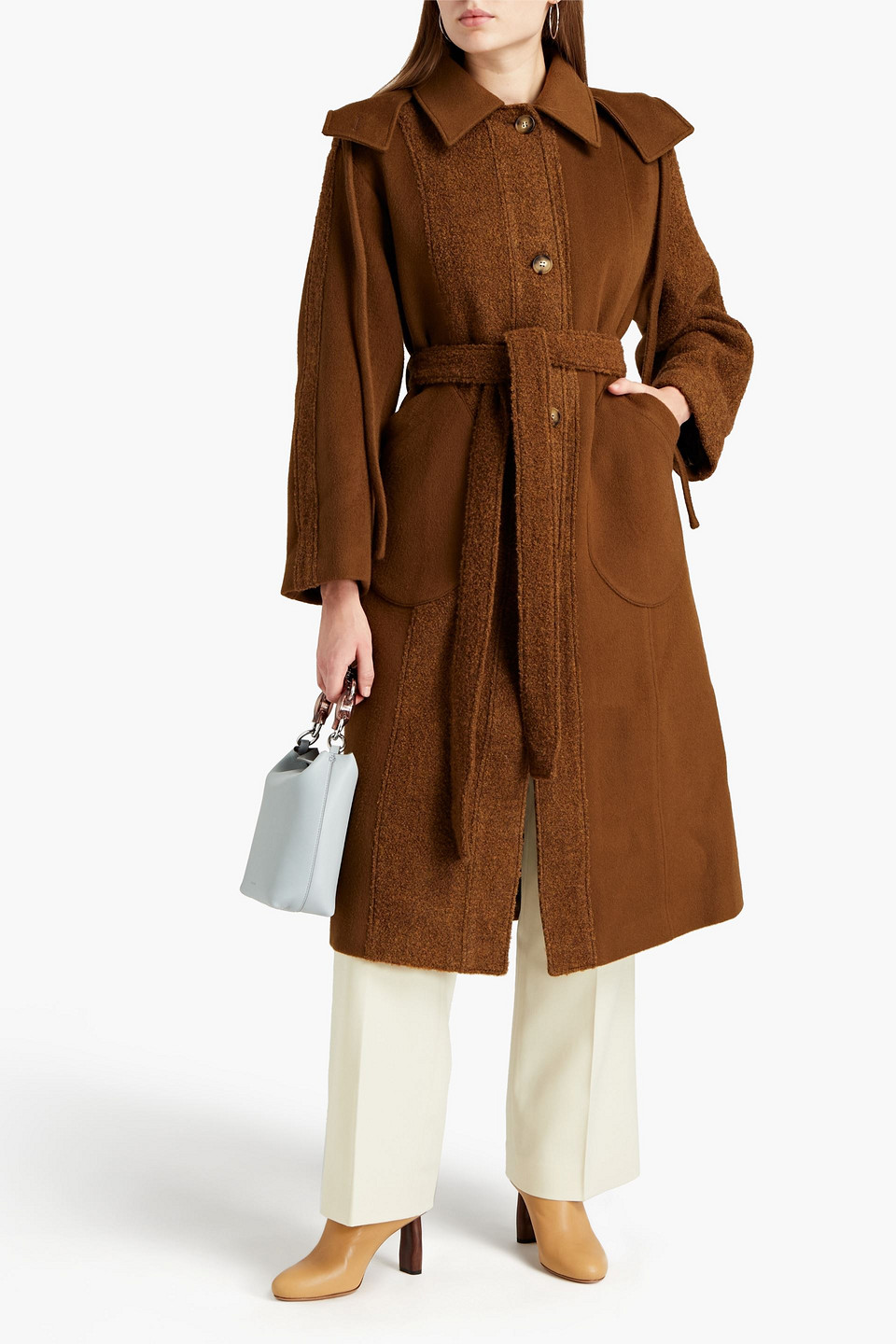 Rejina Pyo Charlie Paneled Bouclé And Felt Hooded Coat In Brown