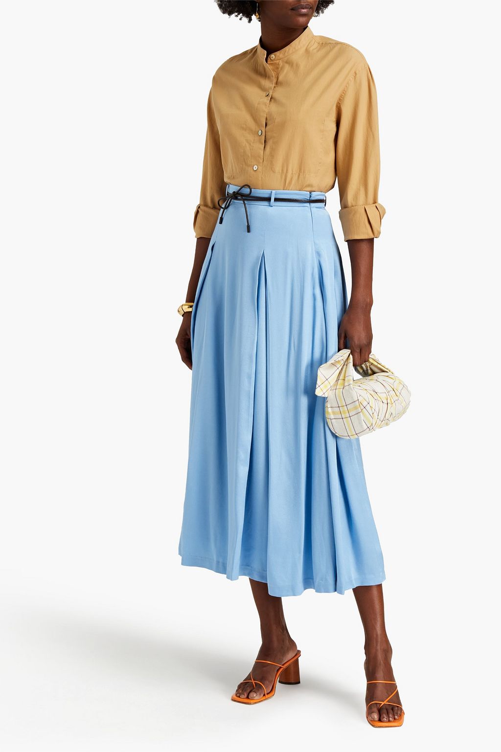 REJINA PYO Malia belted pleated satin-crepe midi skirt