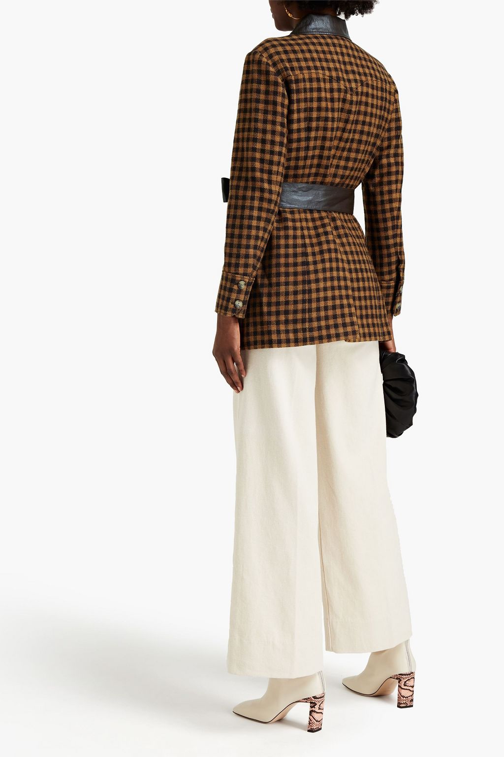 REJINA PYO Felix faux leather-paneled checked wool and cotton-blend jacket