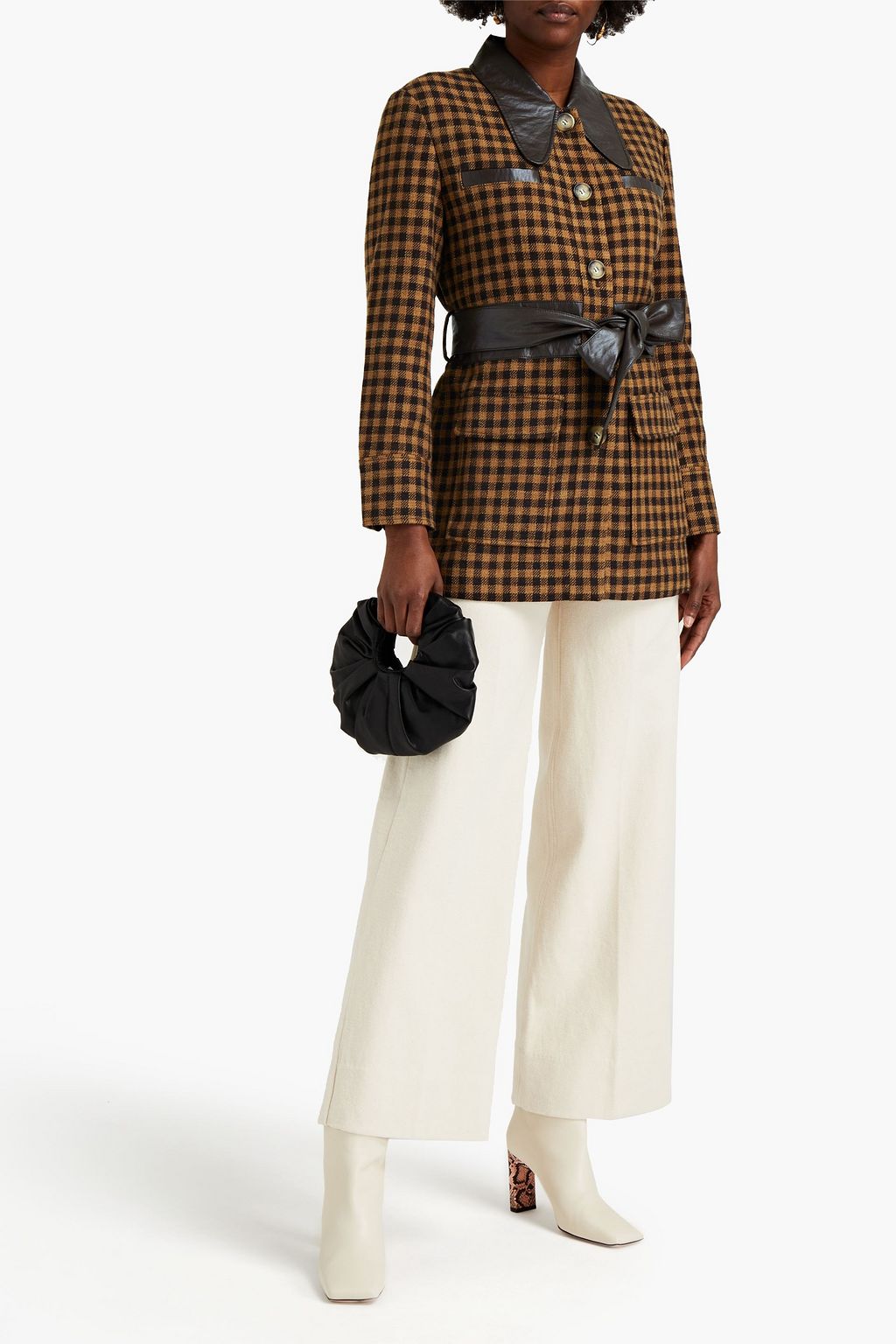 REJINA PYO Felix faux leather-paneled checked wool and cotton-blend jacket