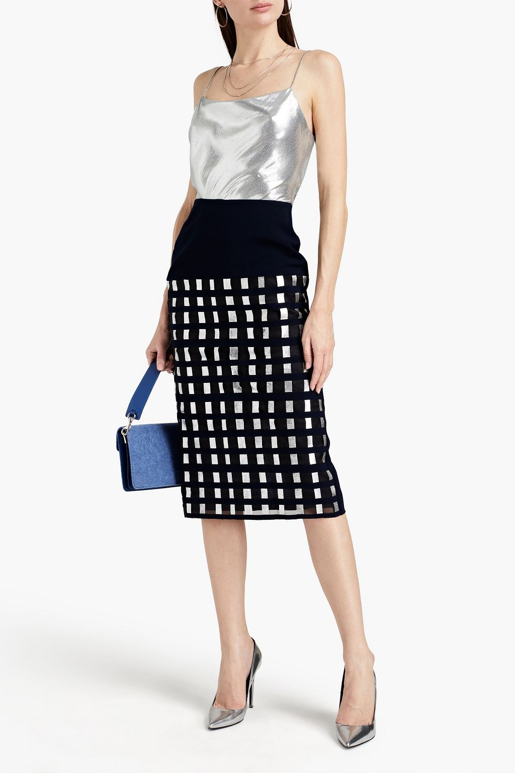 REJINA PYO Sasha organza-paneled metallic-trimmed silk-crepe midi pencil skirt