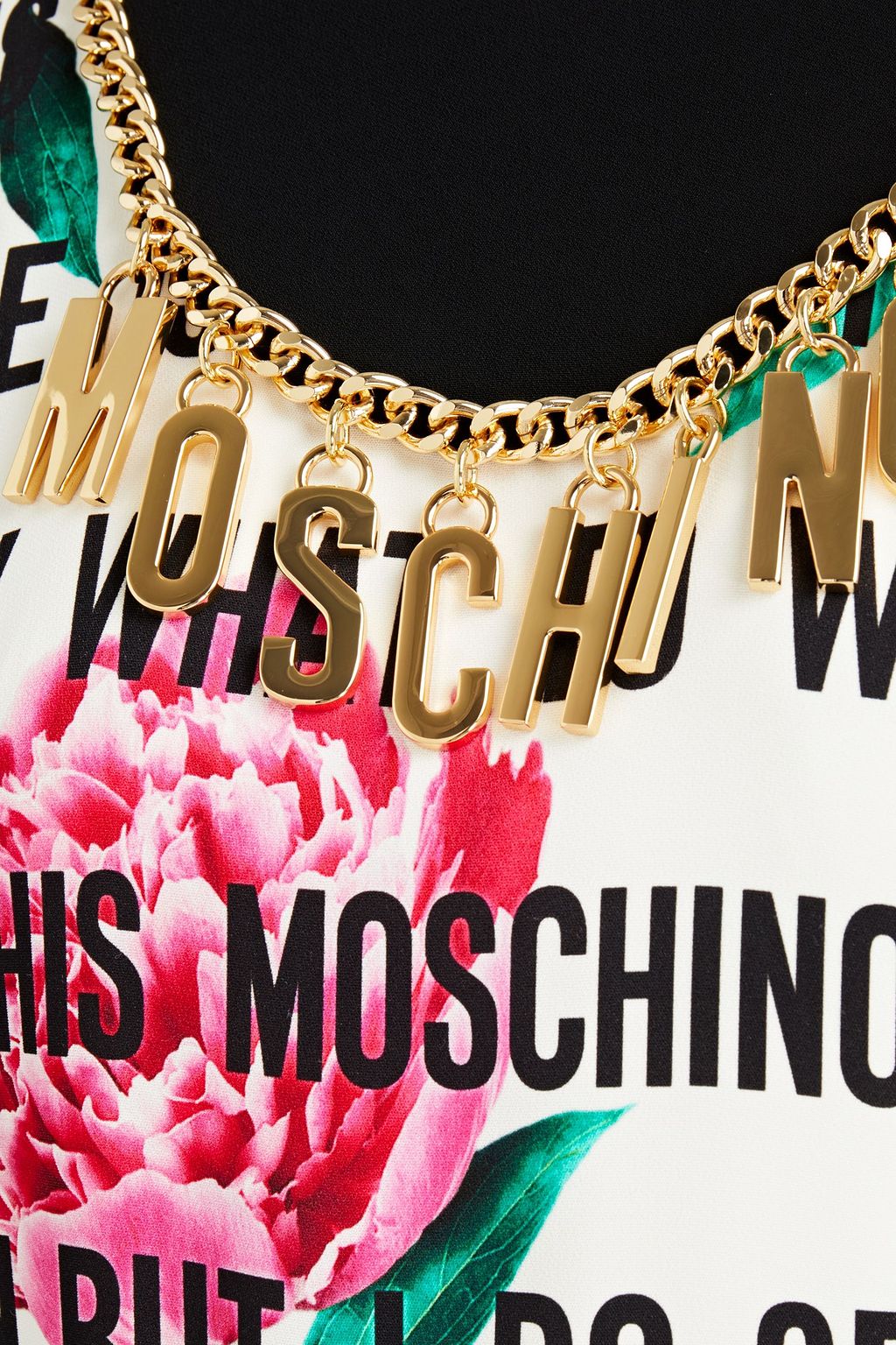 MOSCHINO فستان قصير من الكريب بأجزاء من قماش مغاير ومزين بطبعة وزخارف