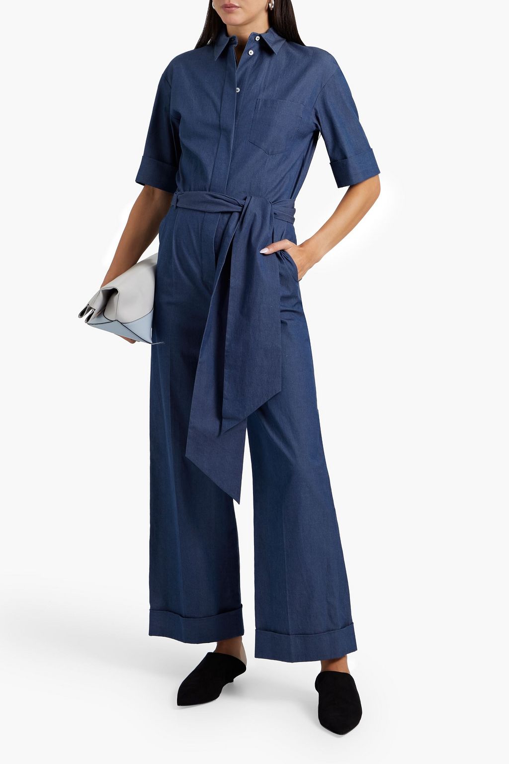 Navy Belted cotton-blend chambray jumpsuit | Sale up to 70% off | THE OUTNET  | LORO PIANA | THE OUTNET