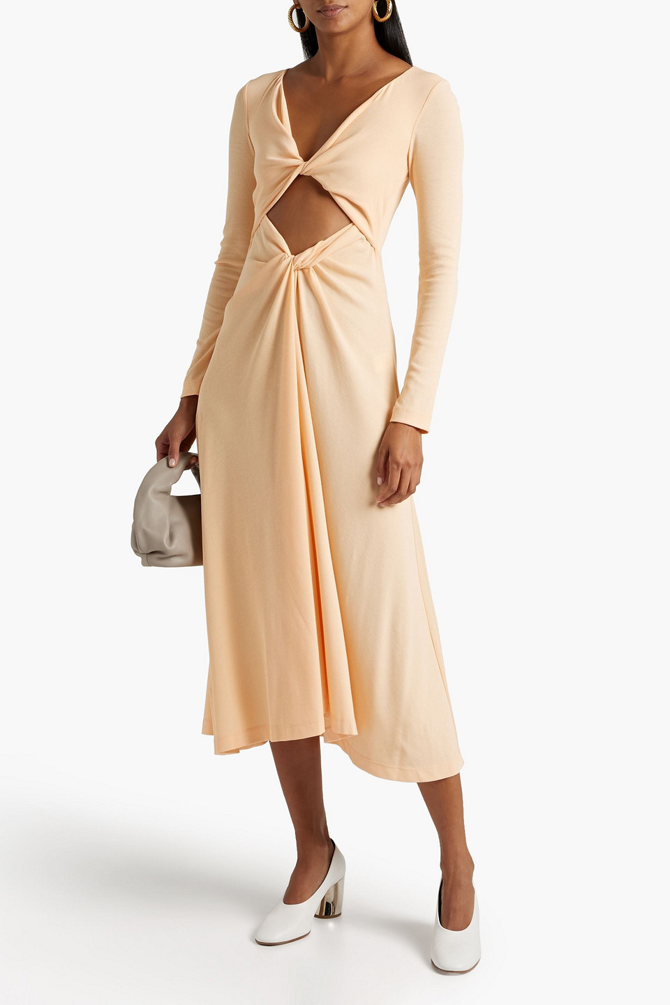 Shop Rosetta Getty Twist-front Cutout Cotton-jersey Midi Dress In Peach