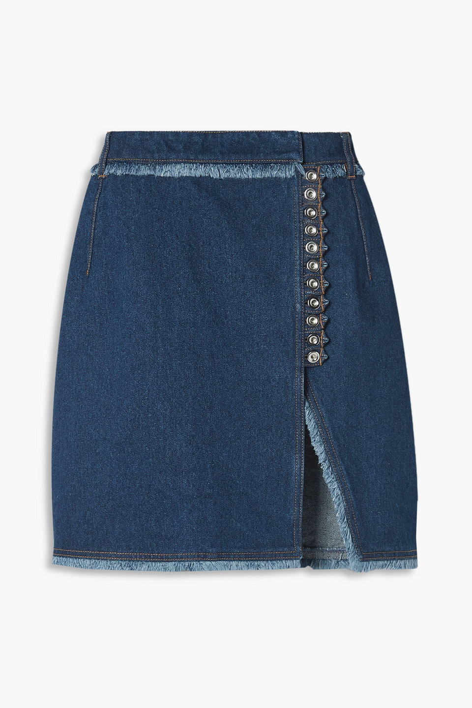 PACO RABANNE FRAYED DENIM MINI WRAP SKIRT,3074457345636279634