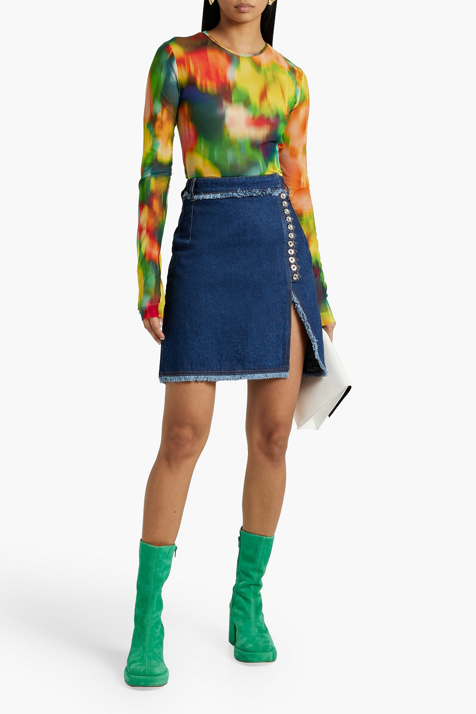 RABANNE FRAYED DENIM MINI WRAP SKIRT 3074457345636279634