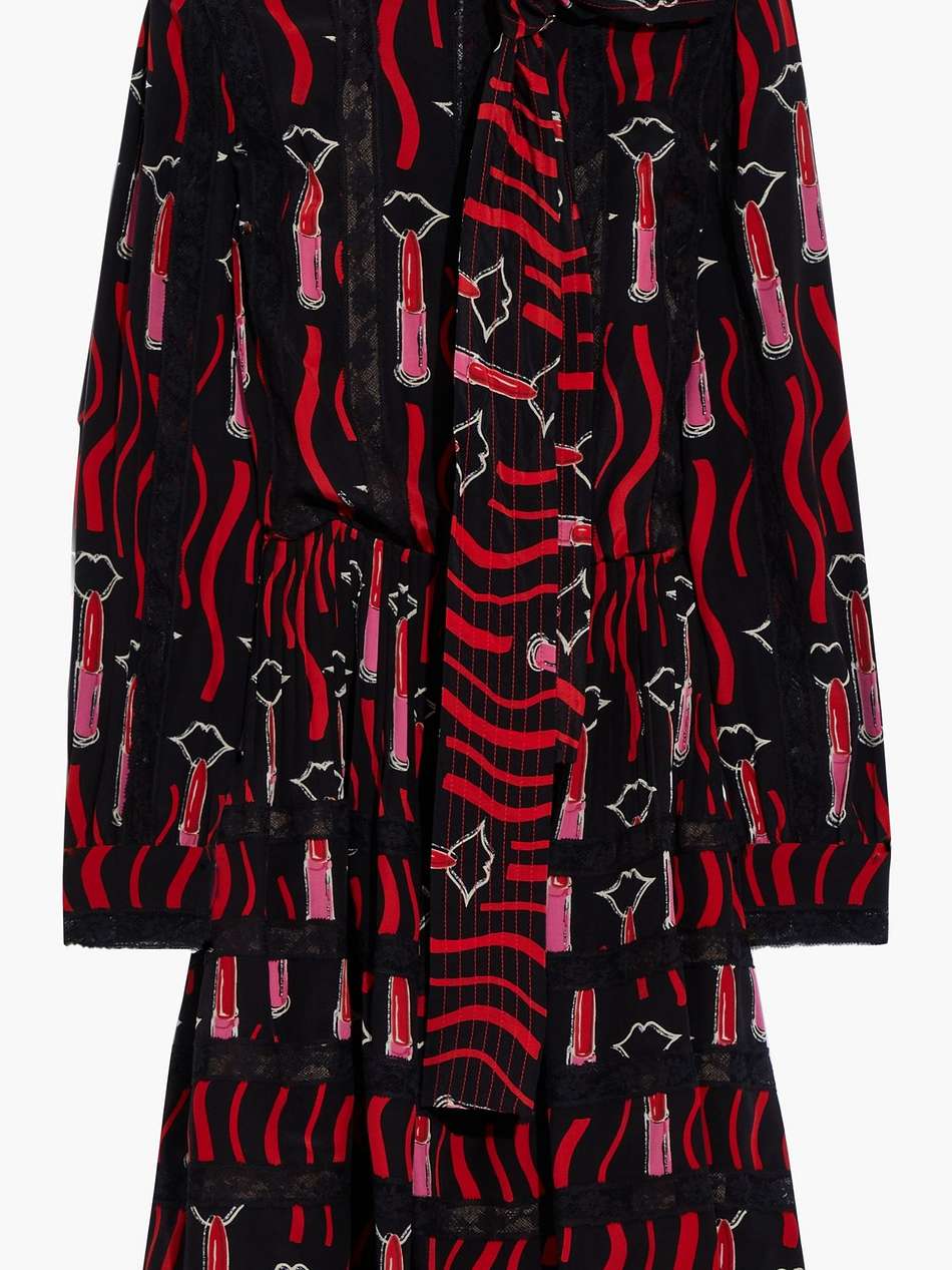 tie-neck lace-trimmed printed silk crepe de chine mini dress