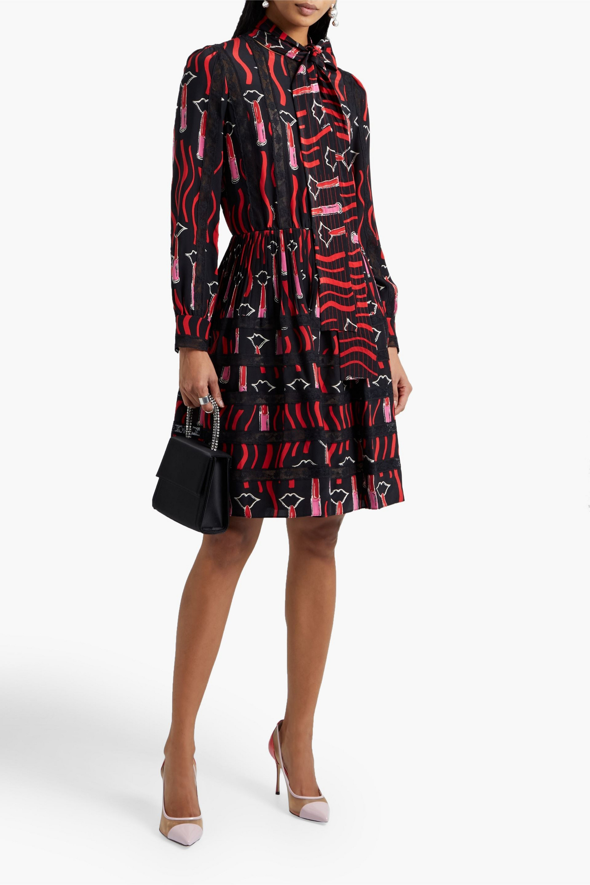 Valentino Garavani Tie-neck lace-trimmed printed silk crepe de chine mini dress