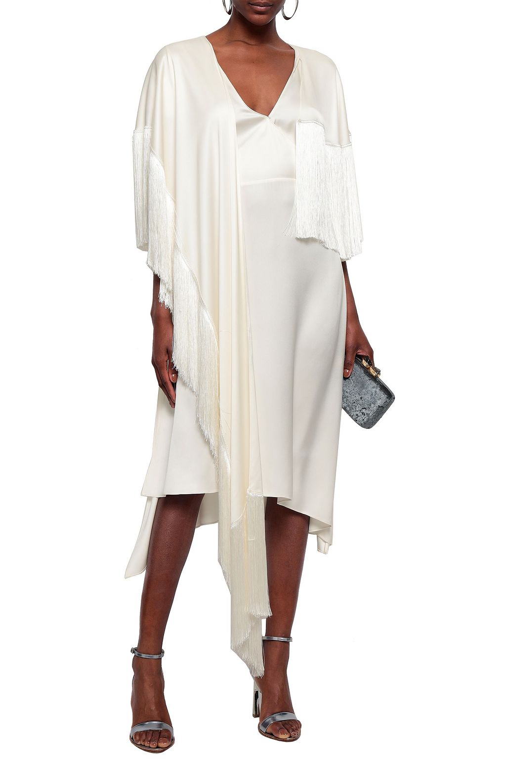 MAGDA BUTRYM Corfu fringe-trimmed draped silk-satin midi dress
