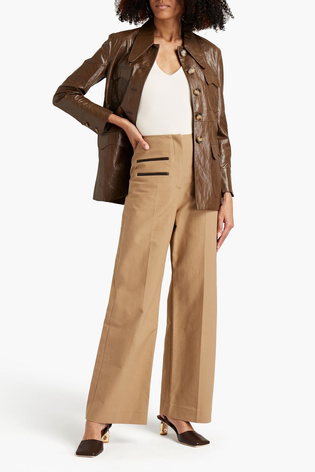 REJINA PYO Faux leather-trimmed cotton wide-leg pants