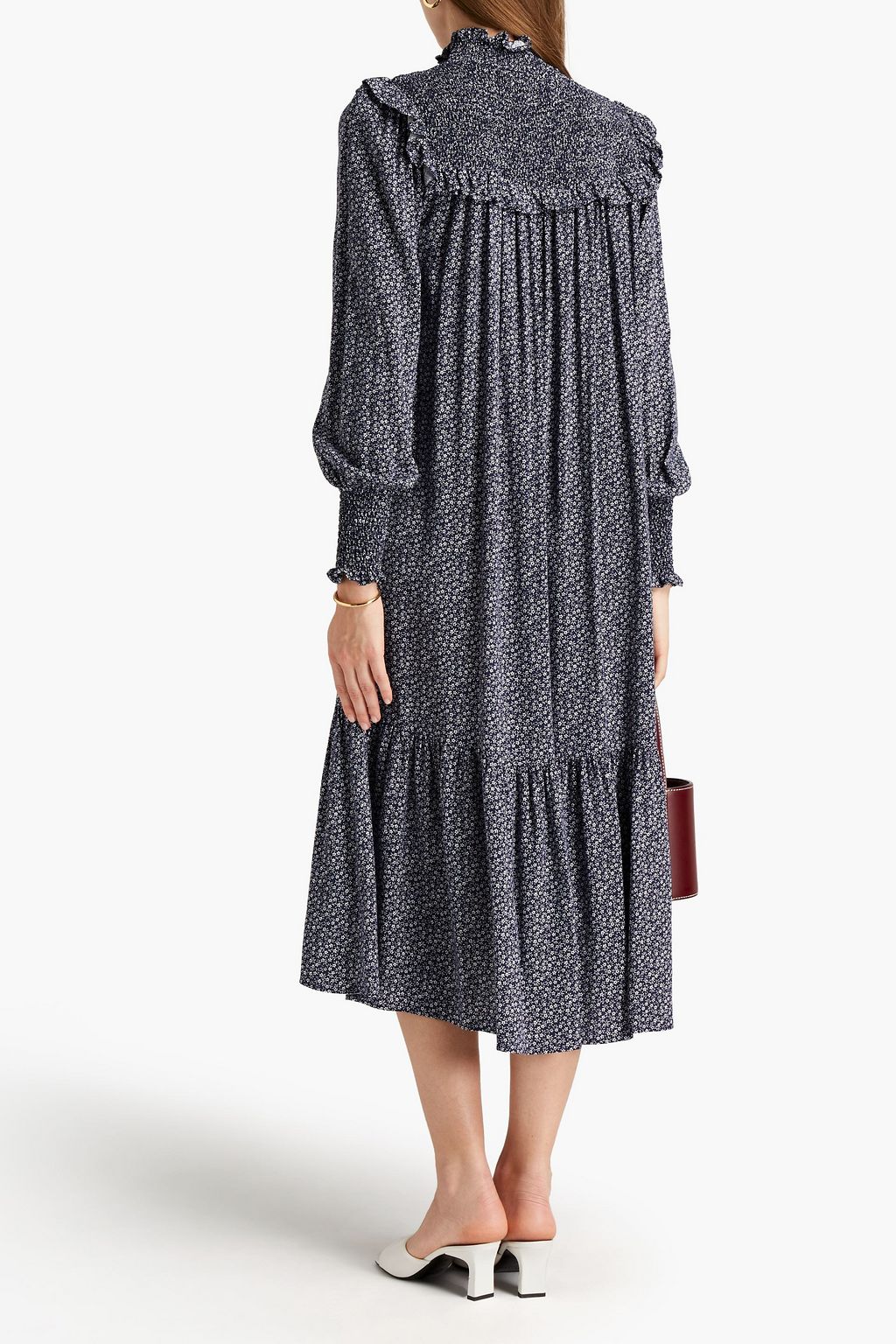 GHOST LONDON Anisha ruffle-trimmed shirred floral-print mousseline midi dress
