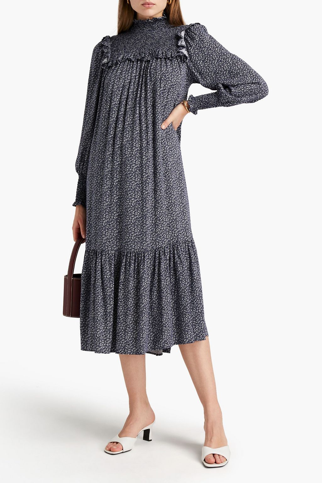 GHOST LONDON Anisha ruffle-trimmed shirred floral-print mousseline midi dress