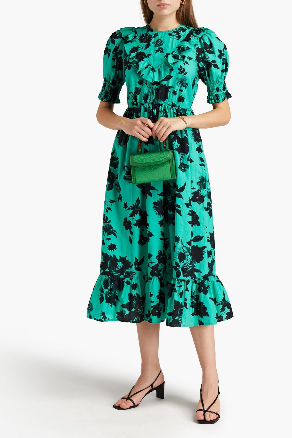 GHOST LONDON Ella ruffle-trimmed floral-print cotton-blend mousseline midi dress