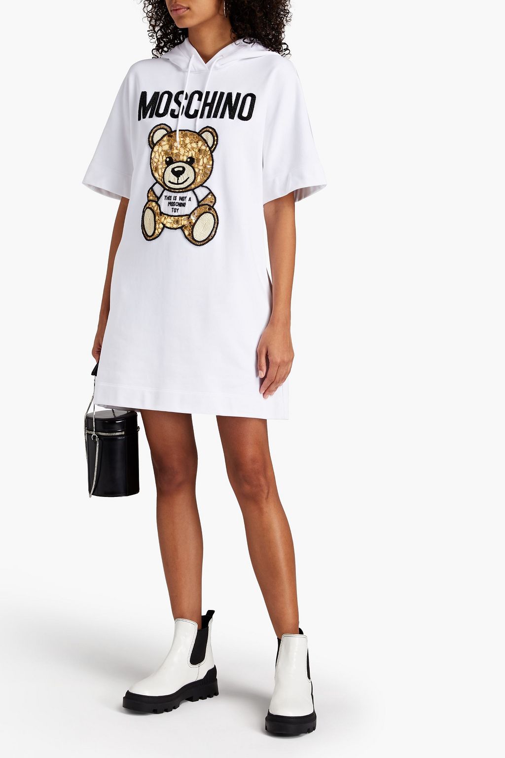 MOSCHINO Embellished French cotton-terry hooded mini dress