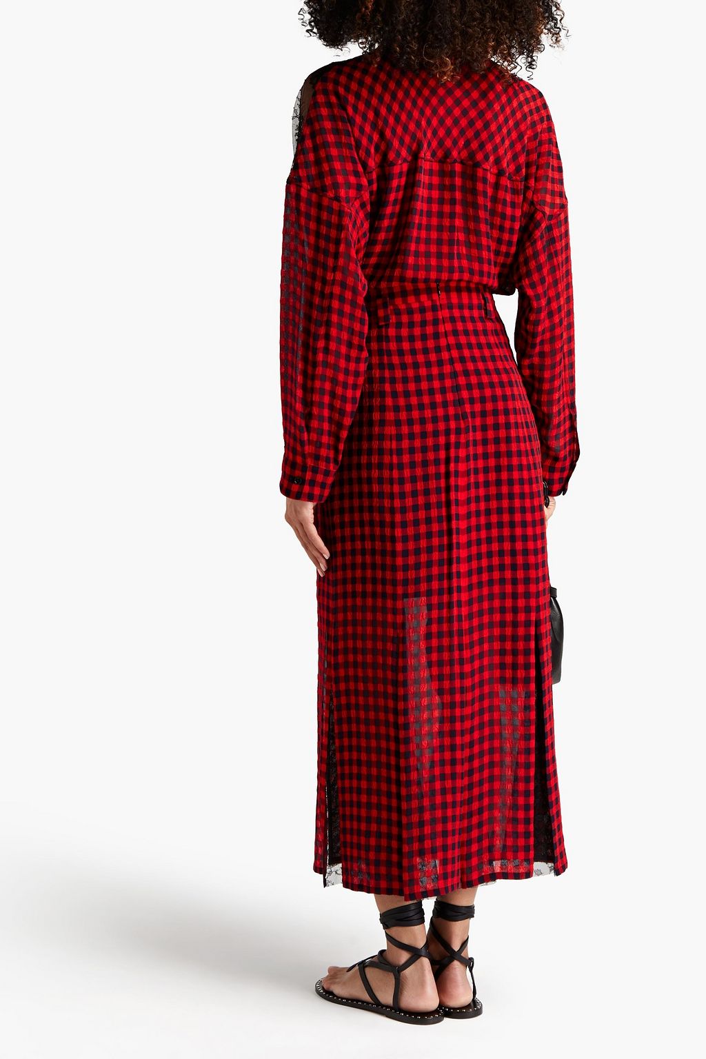 PHILOSOPHY DI LORENZO SERAFINI Lace-paneled gingham seersucker midi skirt