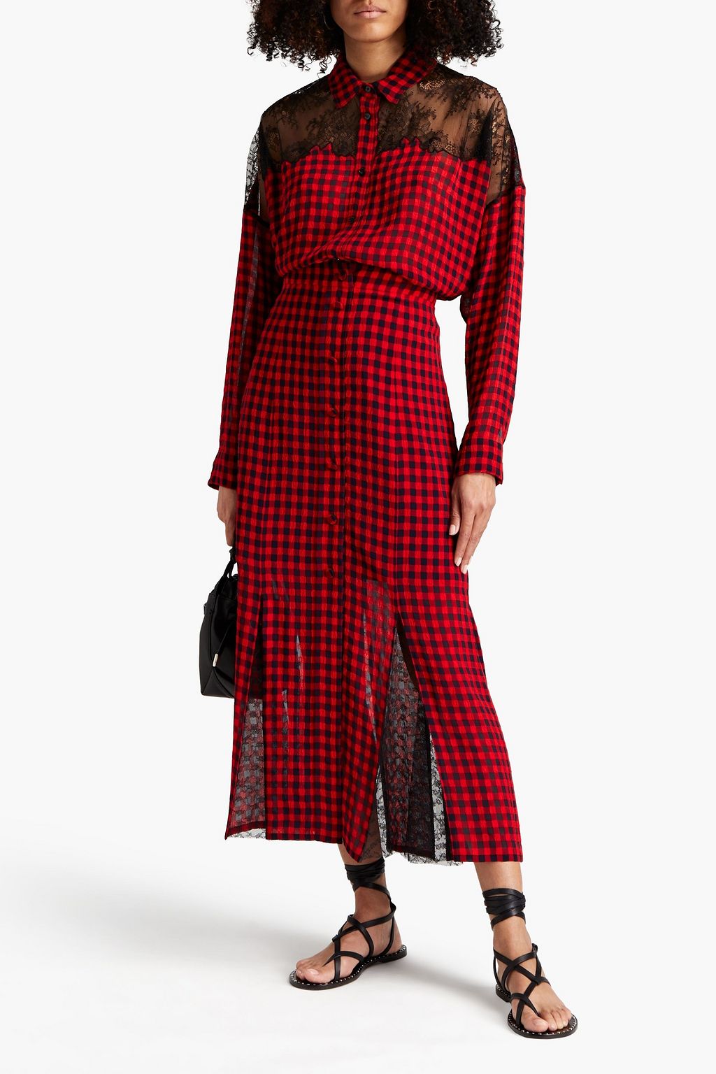 PHILOSOPHY DI LORENZO SERAFINI Lace-paneled gingham seersucker midi skirt