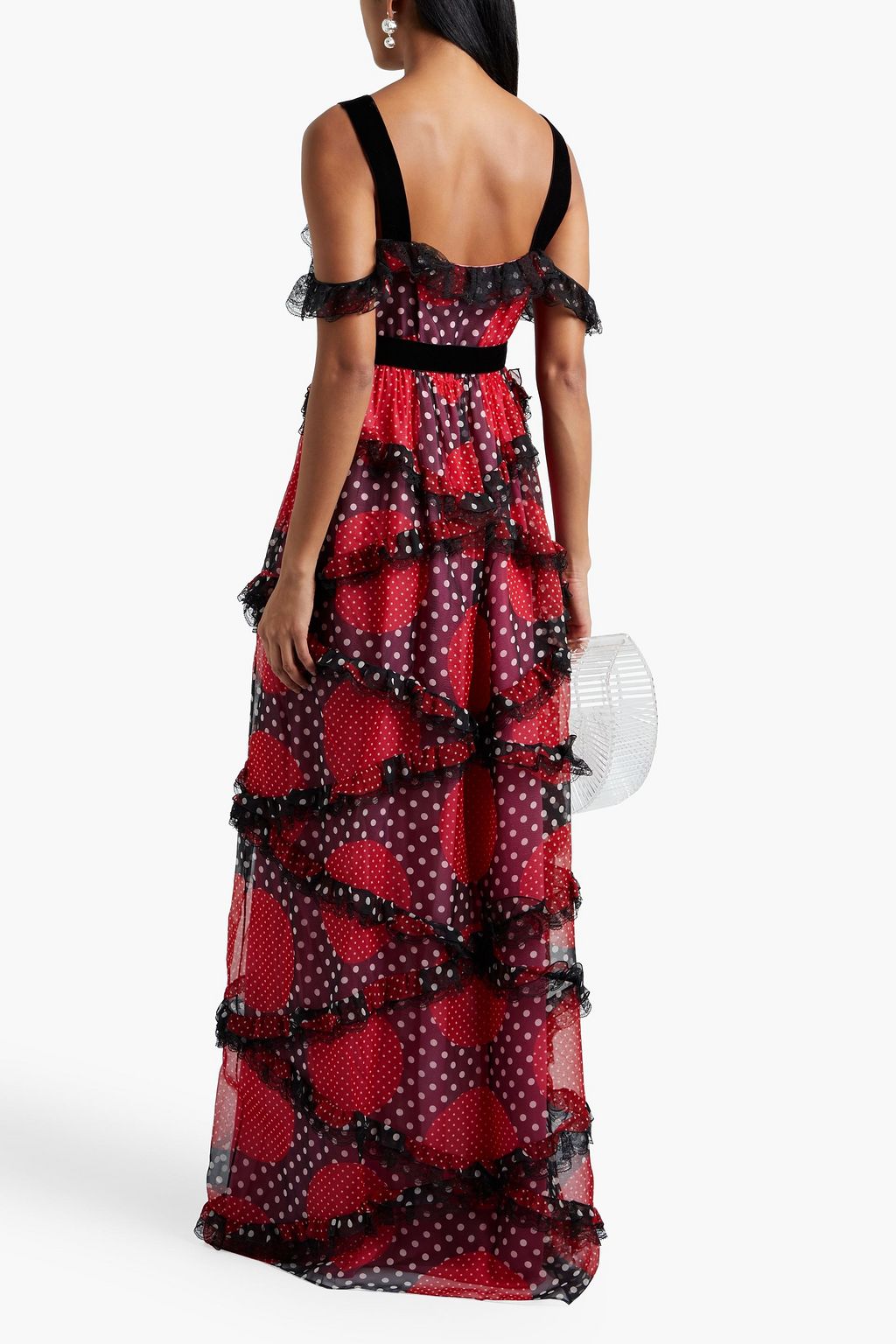VALENTINO GARAVANI Cold-shoulder lace-trimmed polka-dot silk-chiffon maxi dress
