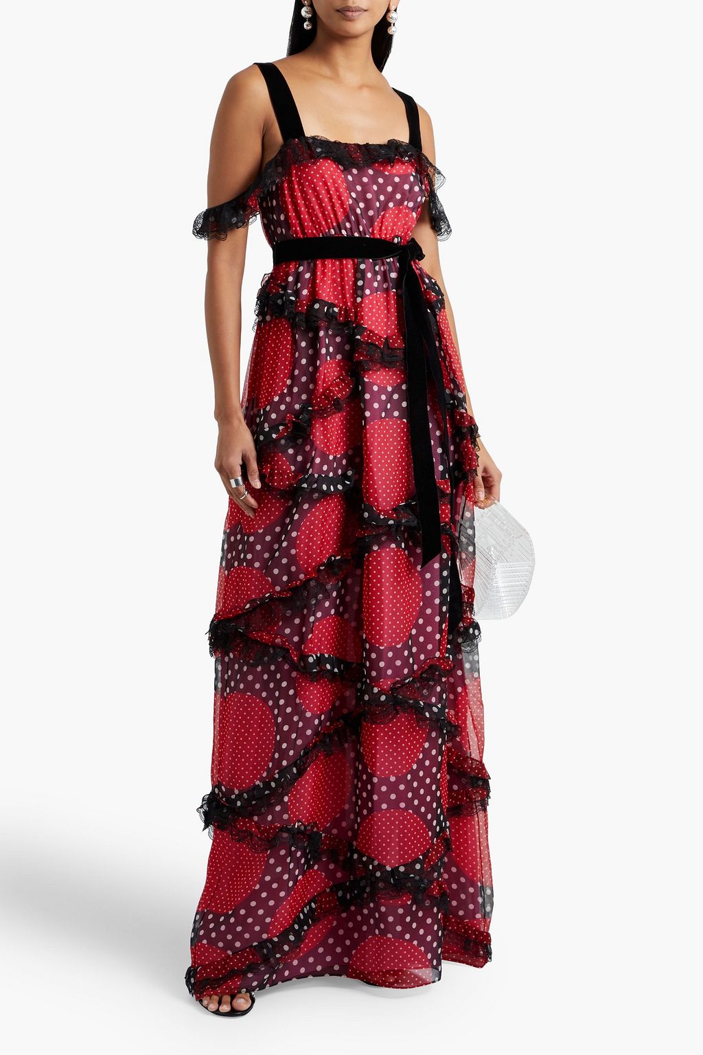 VALENTINO GARAVANI Cold-shoulder lace-trimmed polka-dot silk-chiffon maxi dress