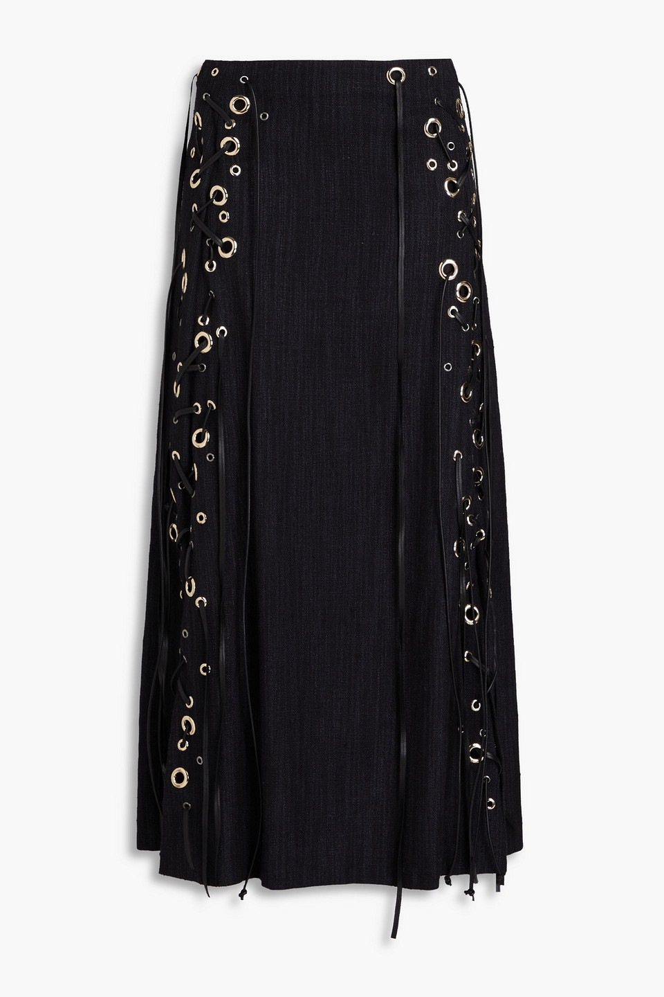 Chloé - Lace-up leather-trimmed silk-blend canvas midi skirt - Black - FR 36