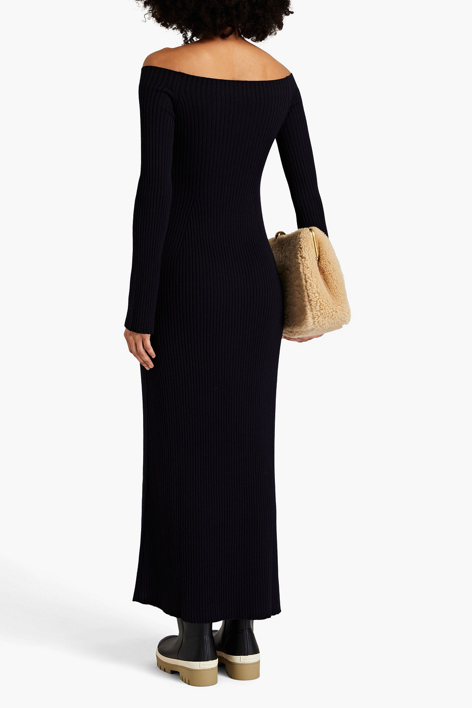Chloé Off-the-shoulder Ribbed Wool And Cashmere-blend Maxi Dress In Marineblau