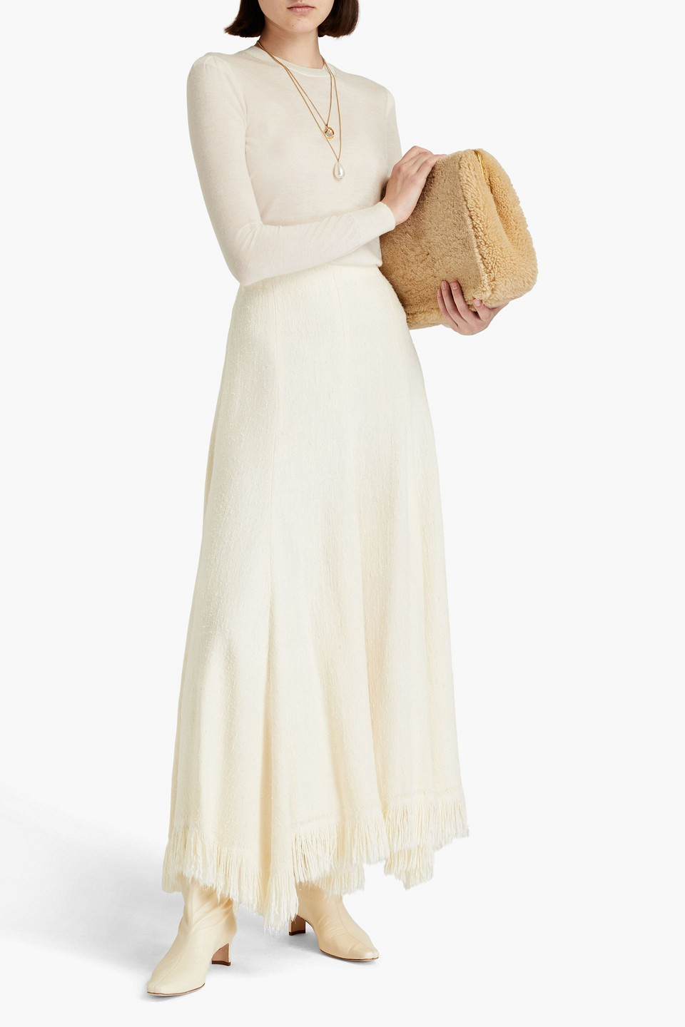 CHLOÉ FRINGED SILK-TWEED MAXI SKIRT