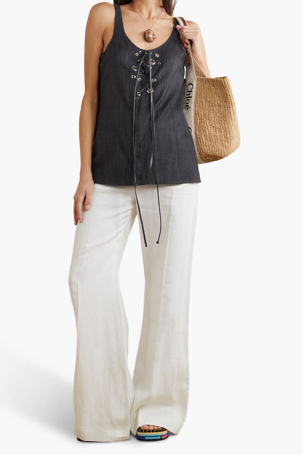 CHLOÉ Lace-up silk-blend canvas tank