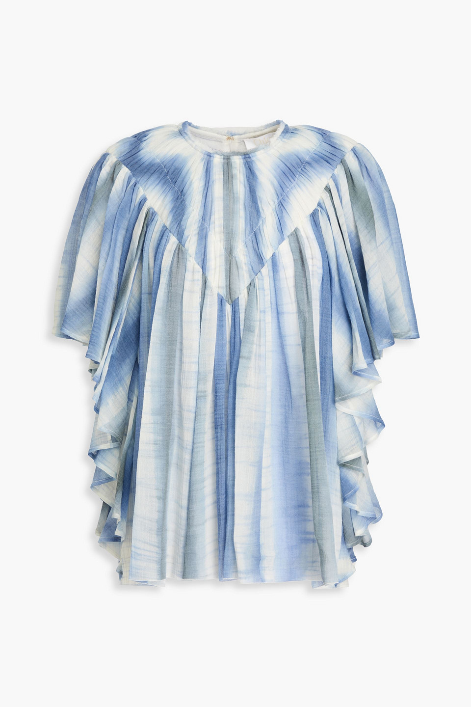 Chloé Ruffled Tie-dyed Wool-gauze Blouse In Schieferblau