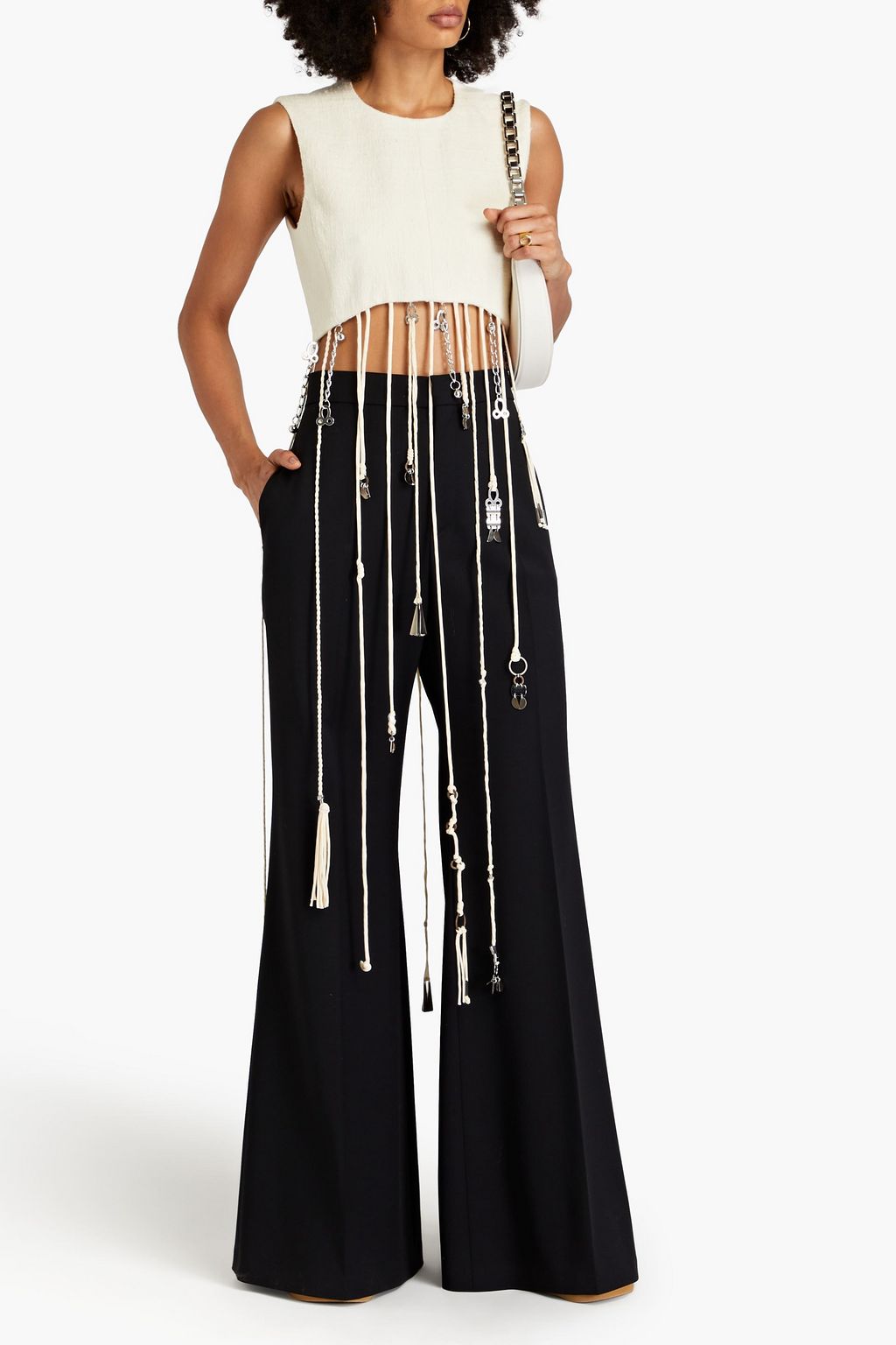 CHLOÉ Cropped fringed silk-jacquard top