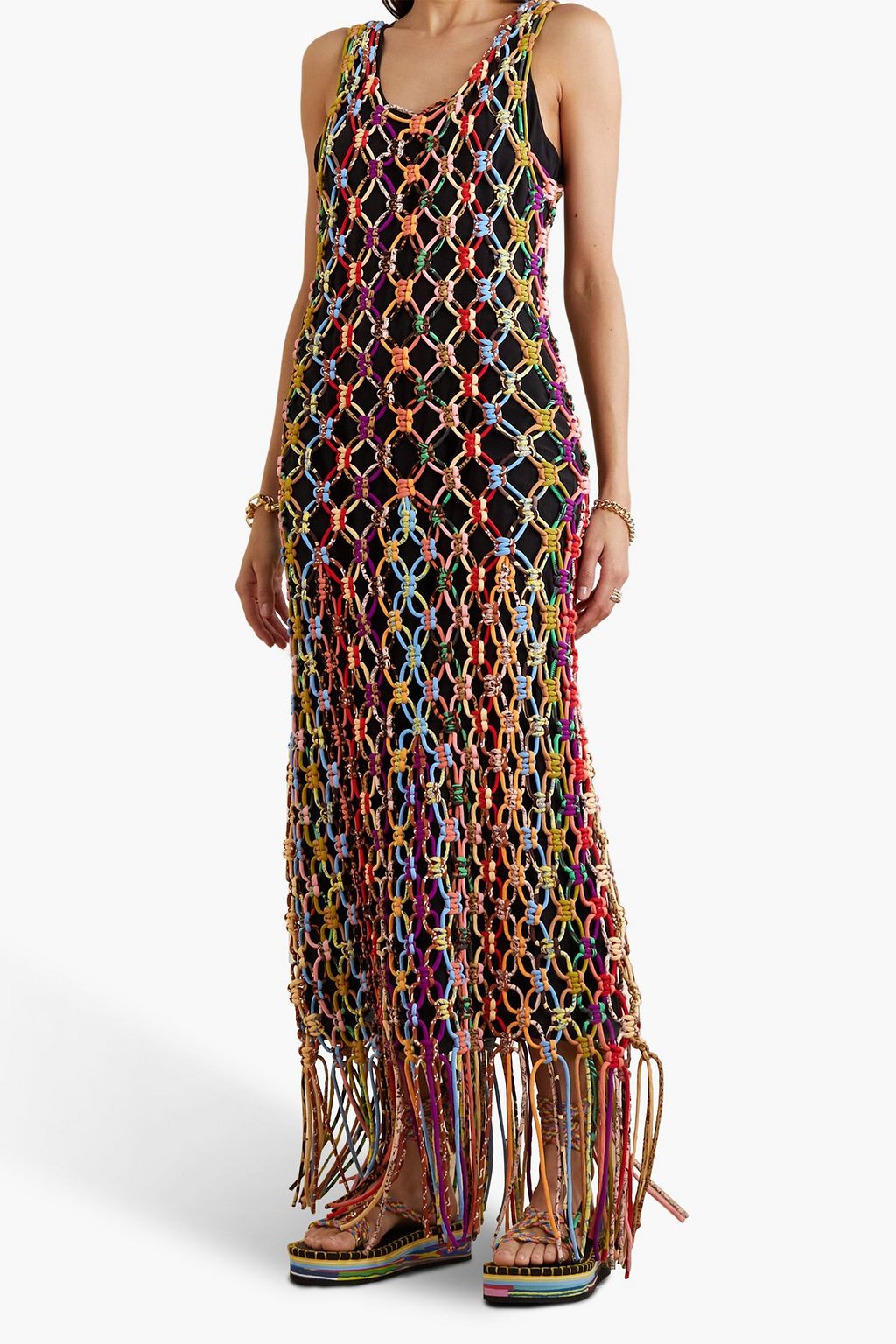 CHLOÉ Fringed printed silk-macramé maxi dress
