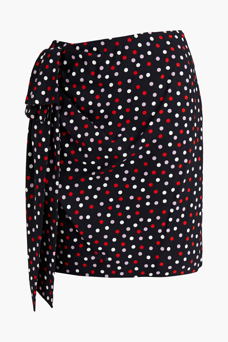 Bow-embellished ruched polka-dot stretch-crepe mini skirt