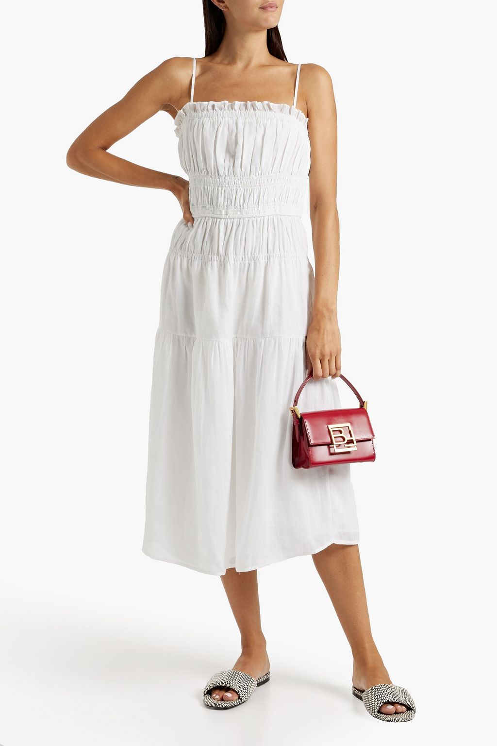 FRAME Shirred ramie-gauze midi dress