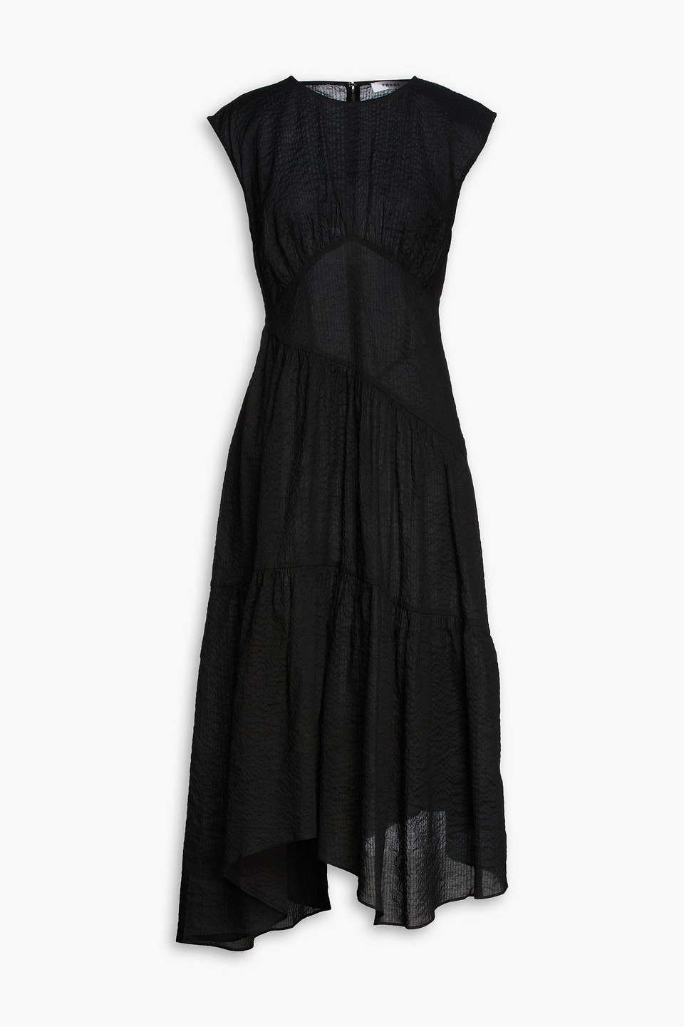 Frame Asymmetric Gathered Cotton-seersucker Dress In Black