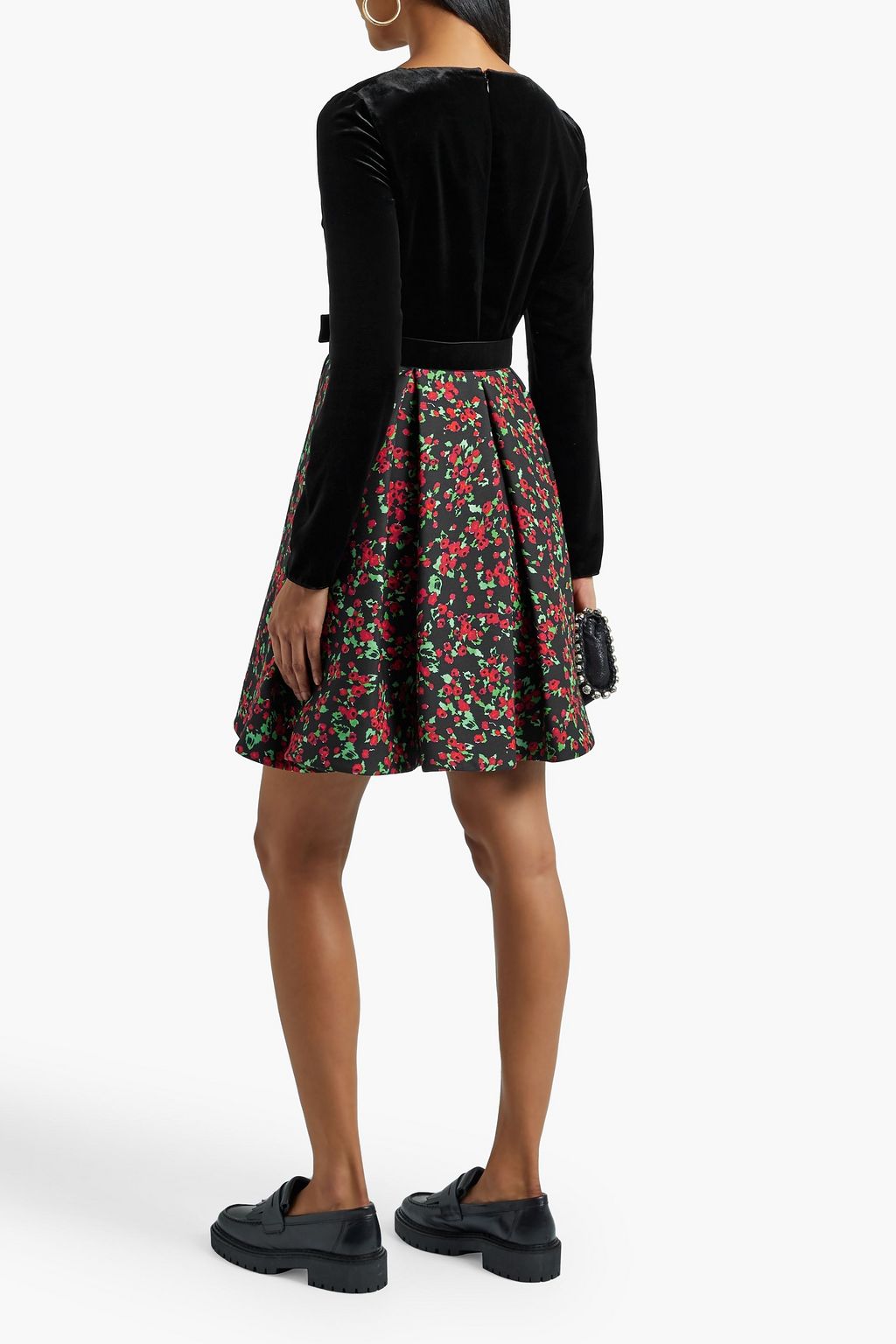 VALENTINO GARAVANI Velvet-paneled floral-print wool and silk-blend crepe mini dress