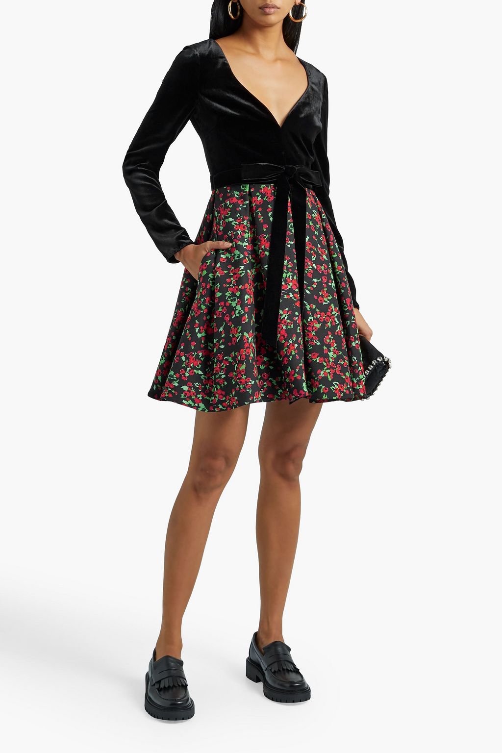 VALENTINO GARAVANI Velvet-paneled floral-print wool and silk-blend crepe mini dress