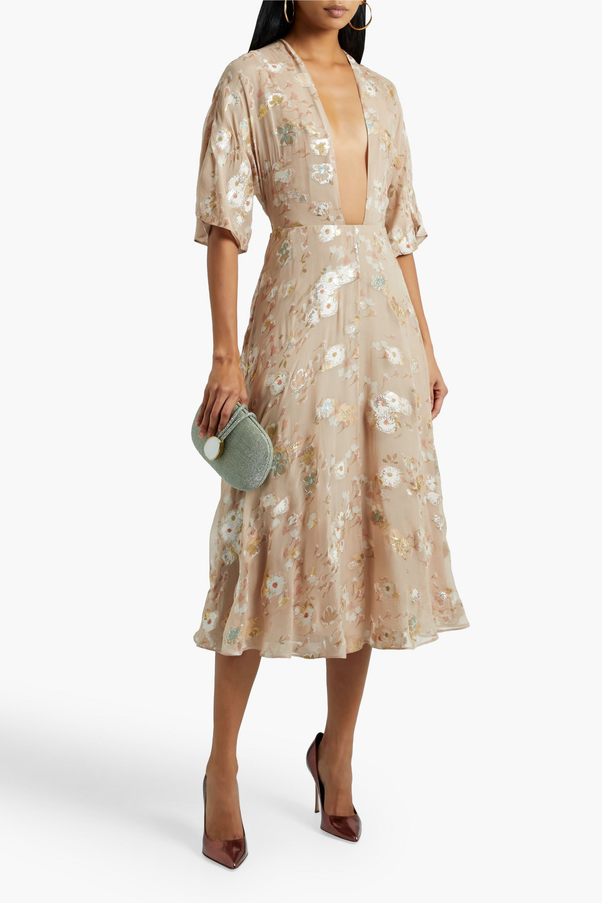 Valentino Garavani Floral-print metallic fil coupé georgette midi dress
