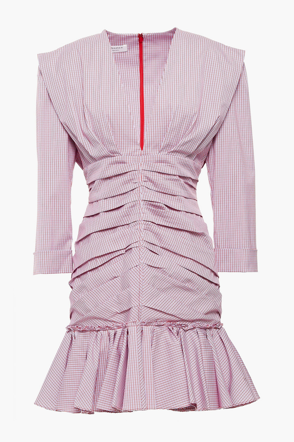 Ruched gingham cotton-blend poplin mini dress