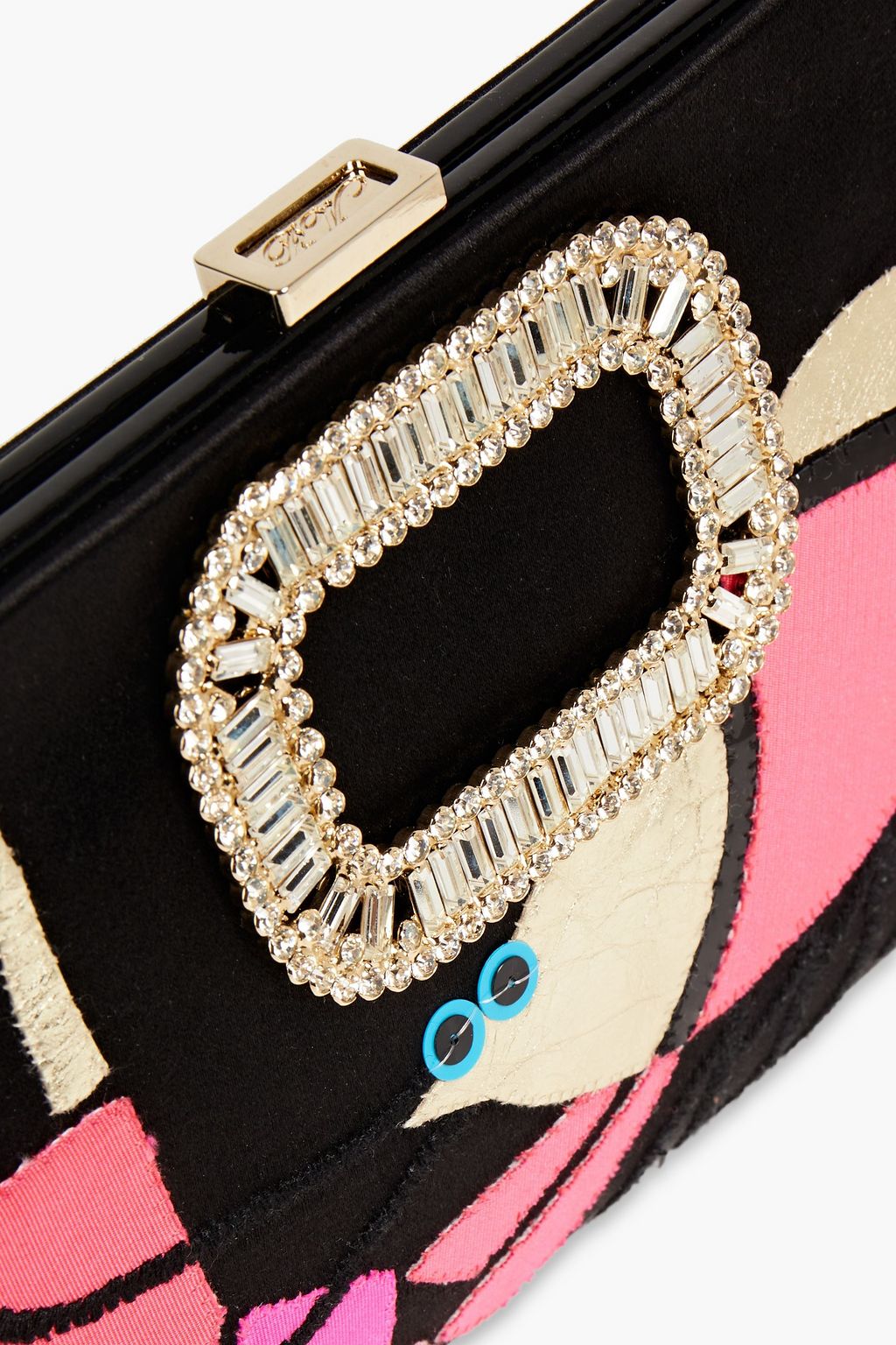ROGER VIVIER Metallic leather-trimmed embellished satin clutch