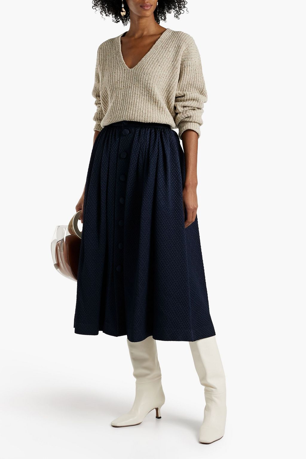 ADAM LIPPES Gathered wool-blend matelassé midi skirt